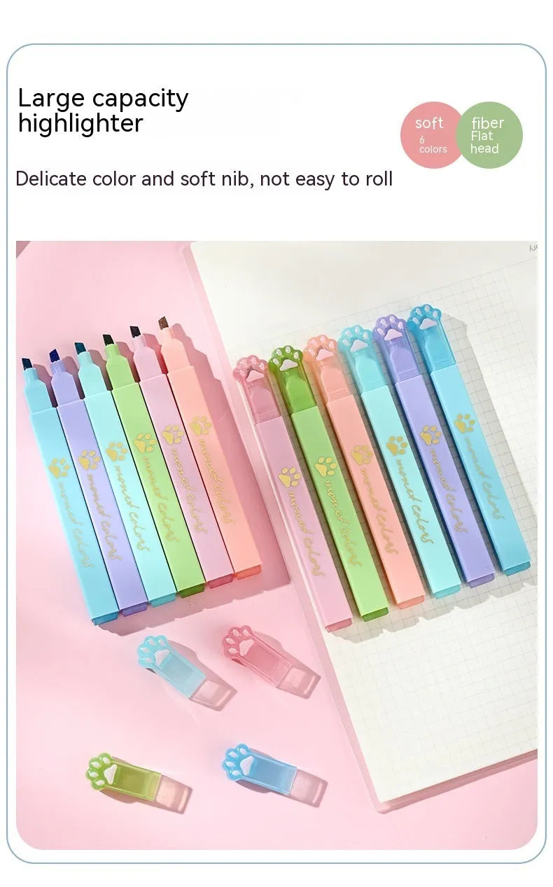 Cat's Paw brand box containing six fluorescent marking pens with oblique nibs in various colours.