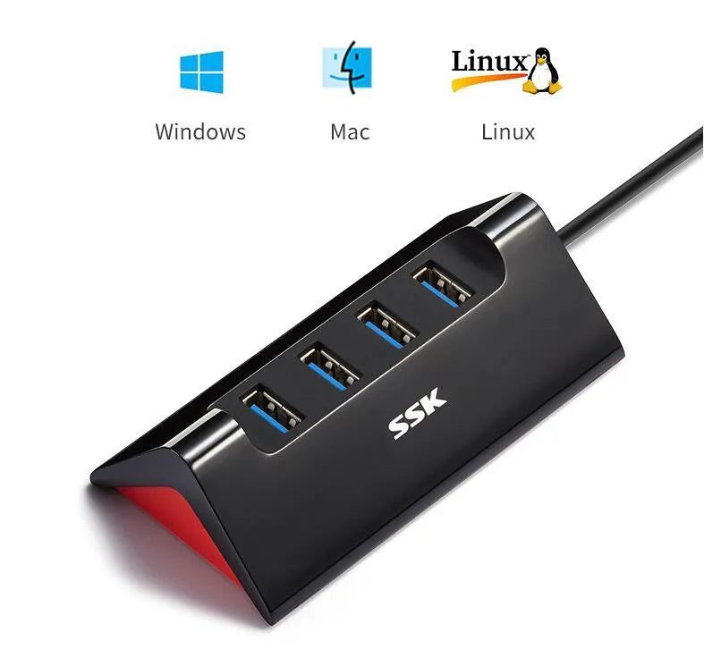 Black USB expansion dock with four ports measuring 100mm by 50mm