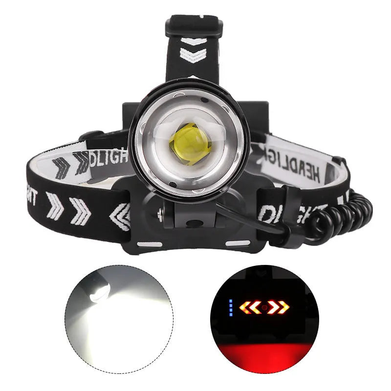 Black aluminium alloy USB rechargeable head torch with telescopic zoom lens.