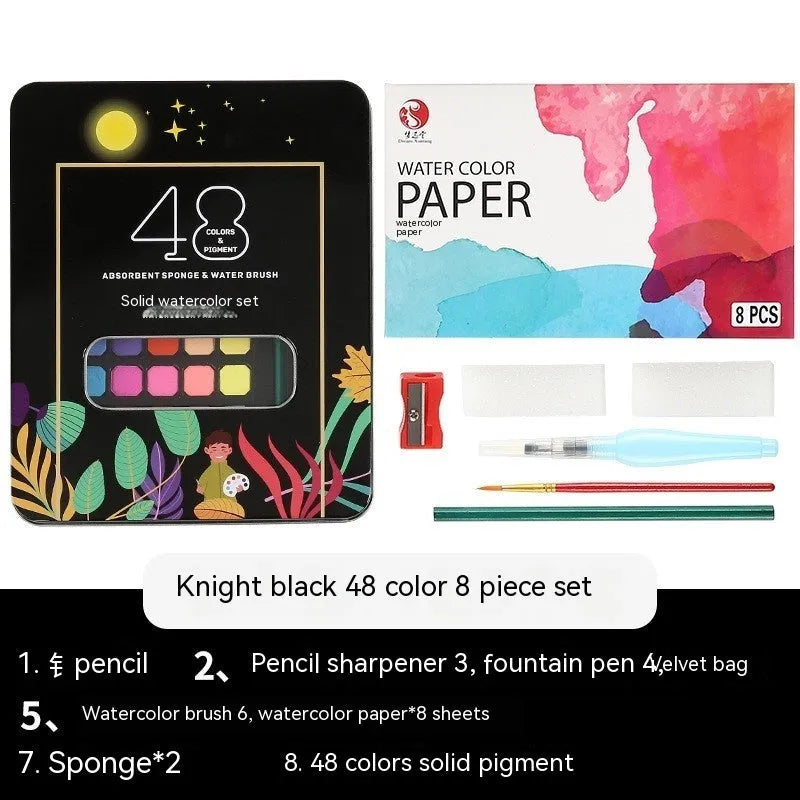 48 colour solid watercolour paint set in box showing Black Knight, Girl Pink and Sunshine Blue shades