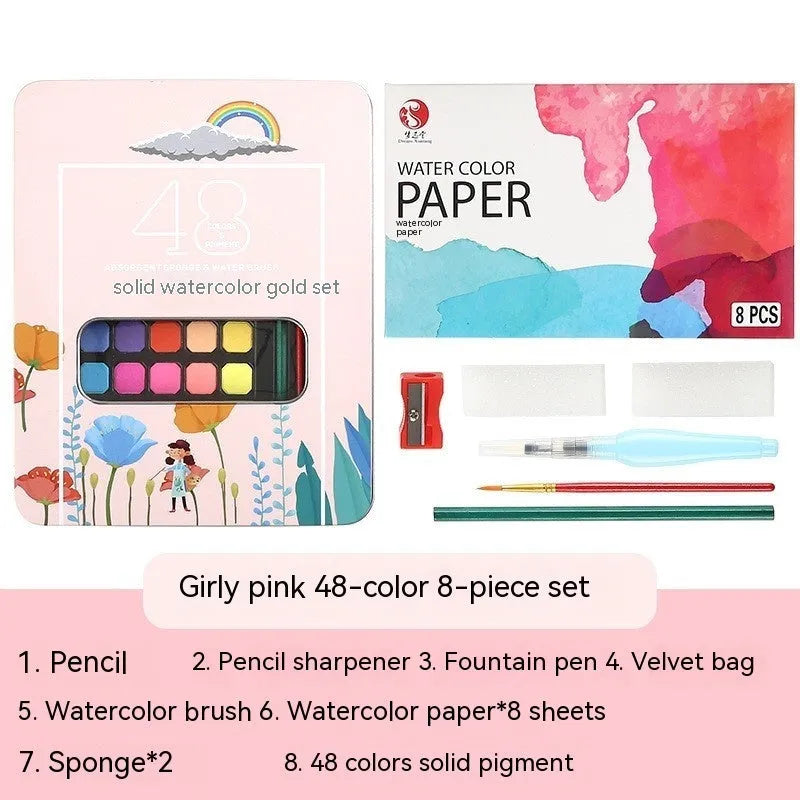 48 colour solid watercolour paint set in box showing Black Knight, Girl Pink and Sunshine Blue shades