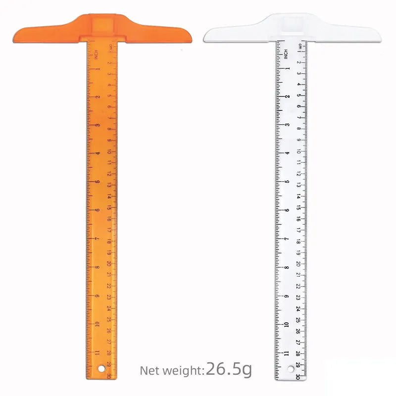 Transparent plastic T-square ruler with 30cm blade and dual centimetre measurement scales