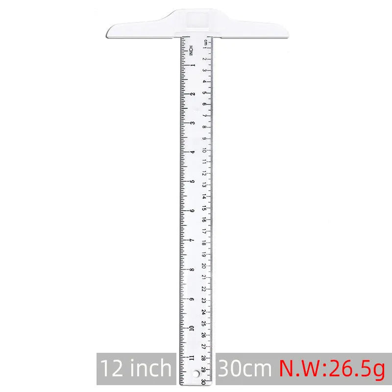 Transparent plastic T-square ruler with 30cm blade and dual centimetre measurement scales