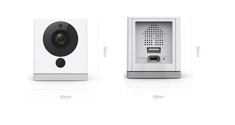 White 50x50x56mm indoor WiFi camera with 1080P resolution, 110° wide-angle lens, and night vision