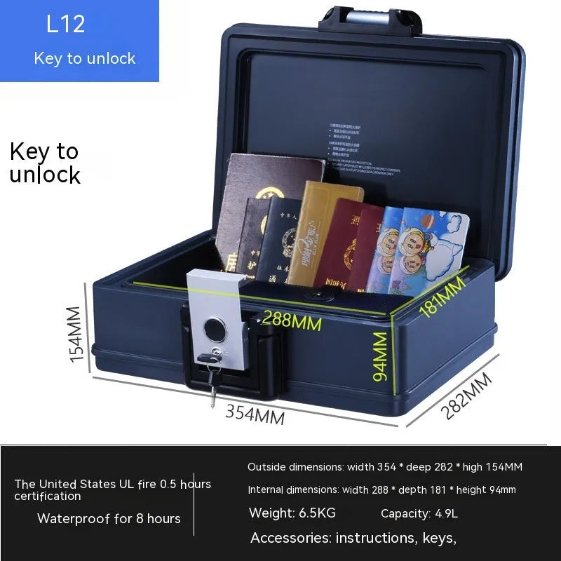 Compact grey portable mechanical safe box with key lock for personal valuables storage.
