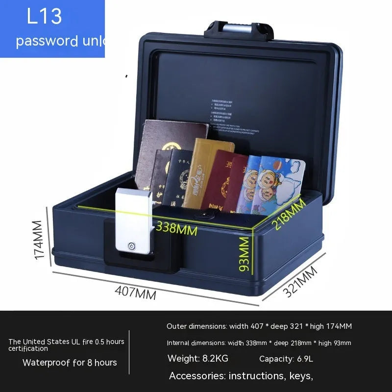 Compact grey portable mechanical safe box with key lock for personal valuables storage.