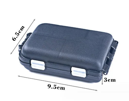 Plastic fishing tackle storage box with 10 internal compartments, shown in black, blue, and green.