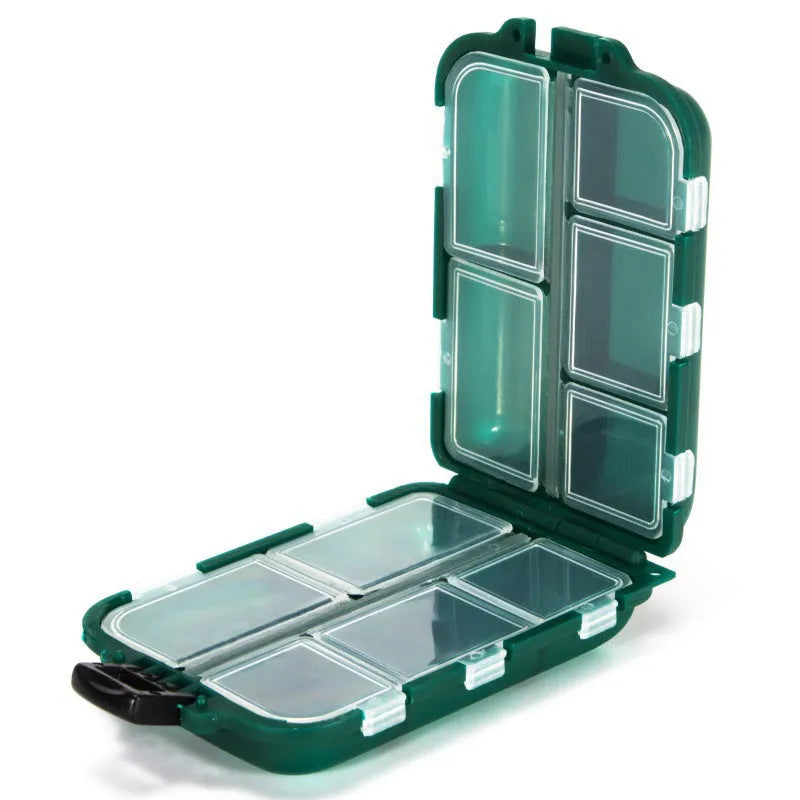 Plastic fishing tackle storage box with 10 internal compartments, shown in black, blue, and green.