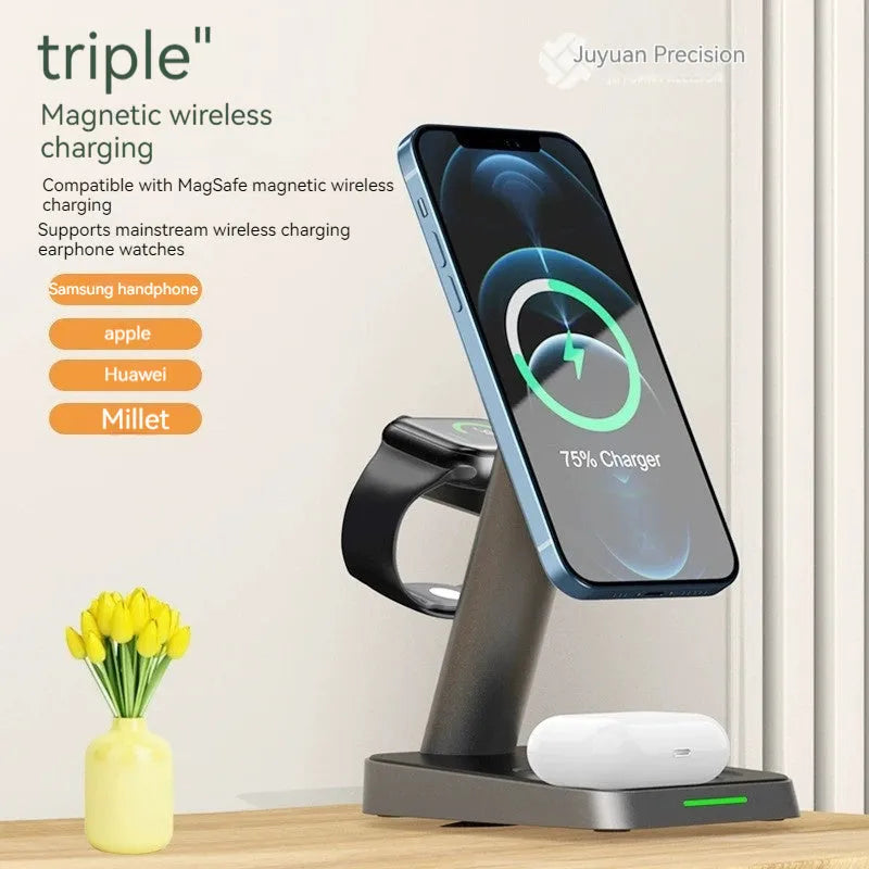 Black vertical wireless charging station with phone dock, watch cradle, and 10000mAh power bank