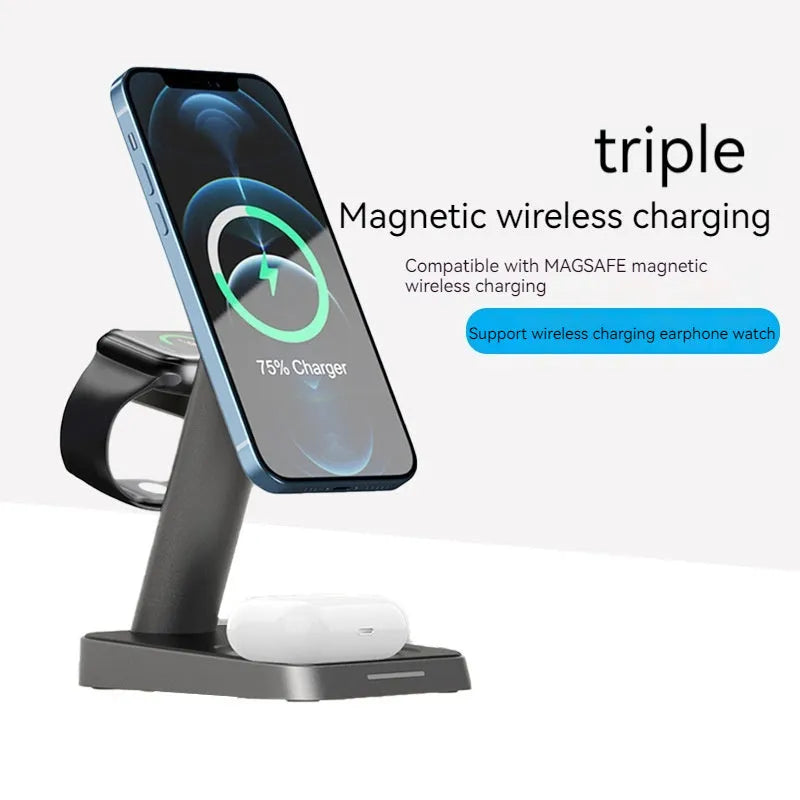 Black vertical wireless charging station with phone dock, watch cradle, and 10000mAh power bank