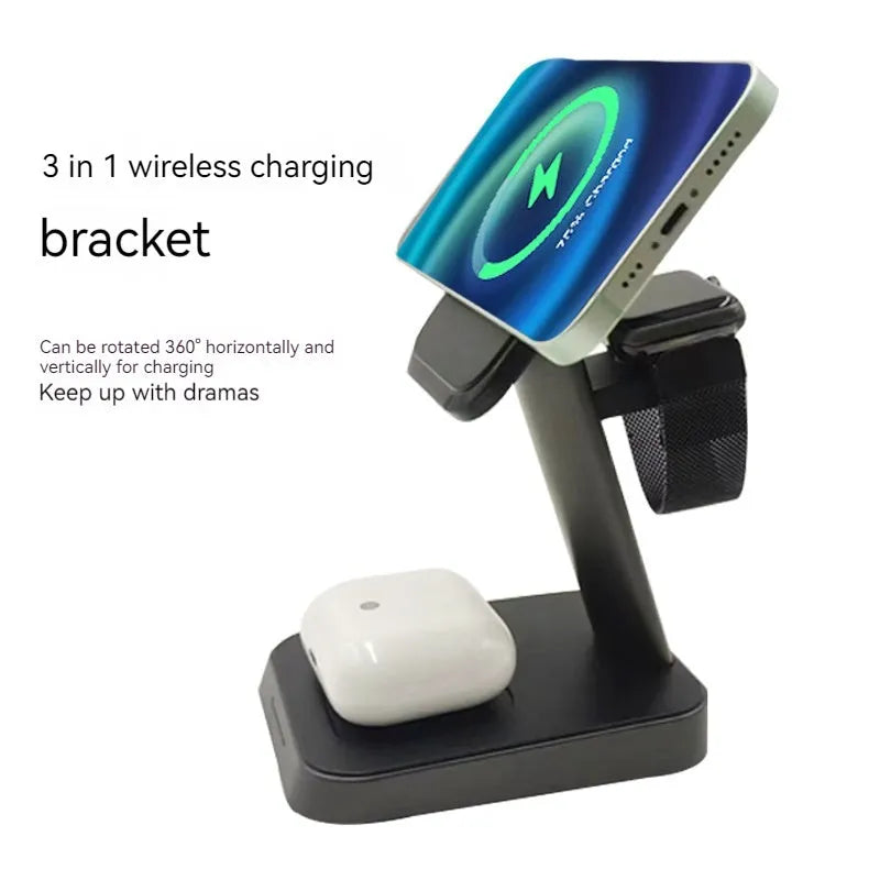 Black vertical wireless charging station with phone dock, watch cradle, and 10000mAh power bank