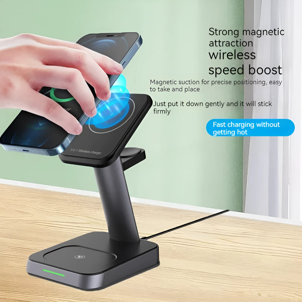 Black vertical wireless charging station with phone dock, watch cradle, and 10000mAh power bank