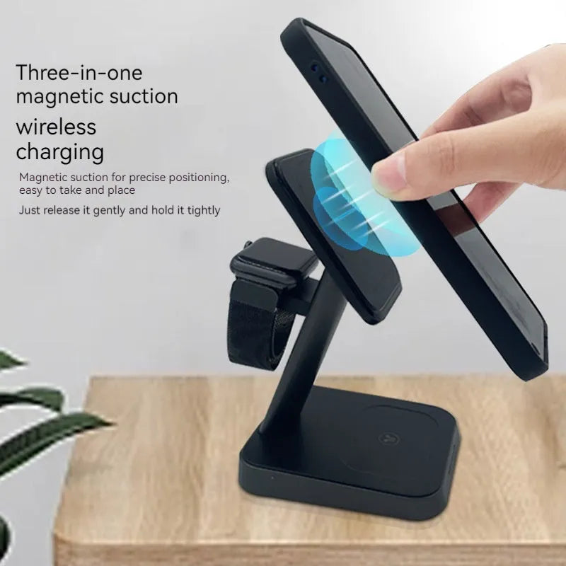 Black vertical wireless charging station with phone dock, watch cradle, and 10000mAh power bank