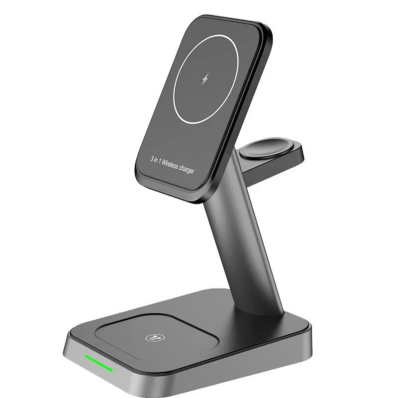 Black vertical wireless charging station with phone dock, watch cradle, and 10000mAh power bank