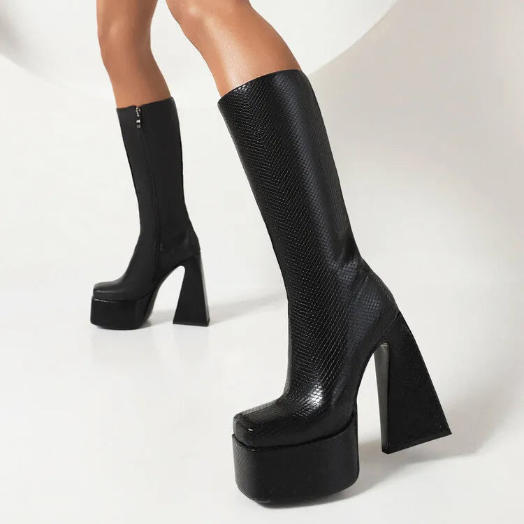 Women's casual high boots in artificial PU material, shown in black, red, blue, and white colour options.