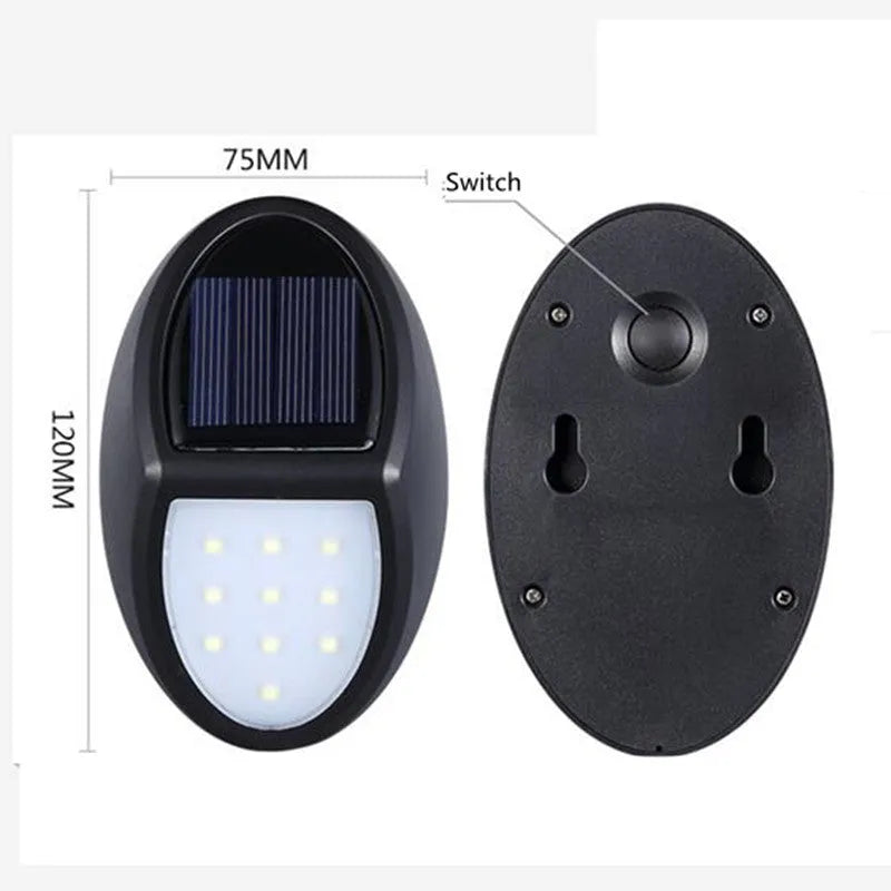 Black solar-powered wall light with solar panel and LED illumination