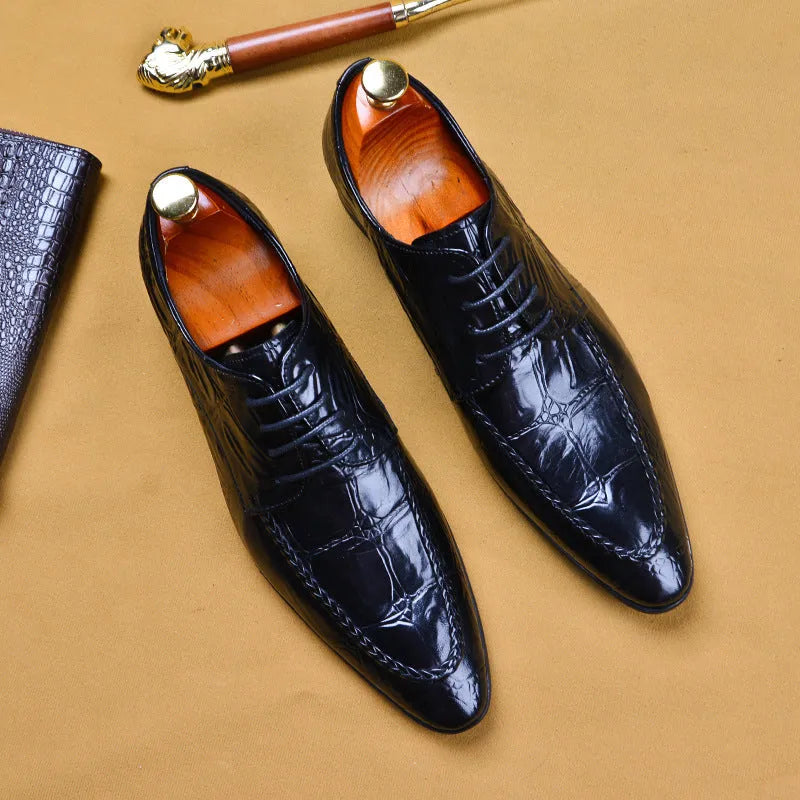 Men's black and brown leather formal shoes with alligator pattern and horse bit buckle