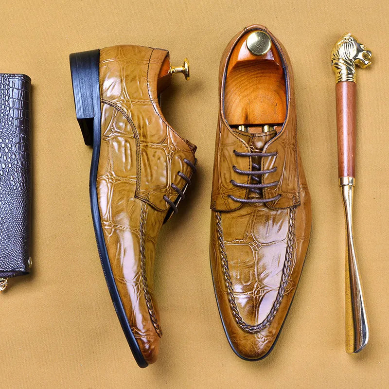 Men's black and brown leather formal shoes with alligator pattern and horse bit buckle