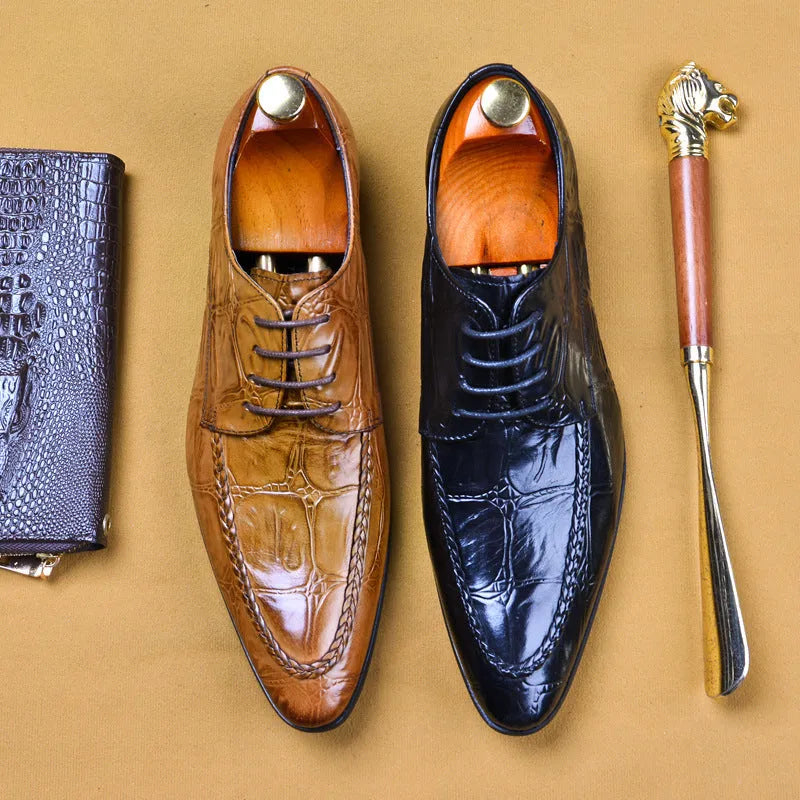 Men's black and brown leather formal shoes with alligator pattern and horse bit buckle