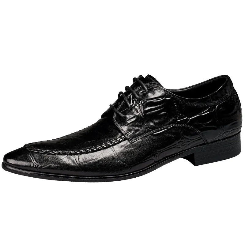 Men's black and brown leather formal shoes with alligator pattern and horse bit buckle