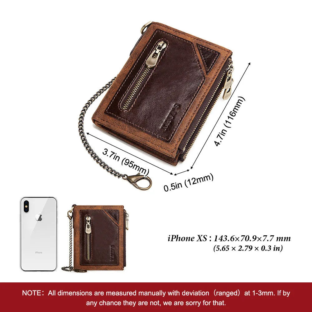 Dark brown men's leather wallet with chain detail and RFID anti-theft protection