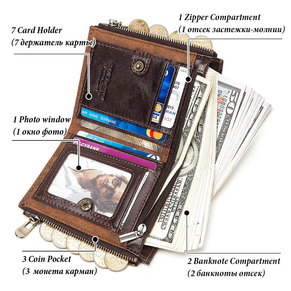 Dark brown men's leather wallet with chain detail and RFID anti-theft protection