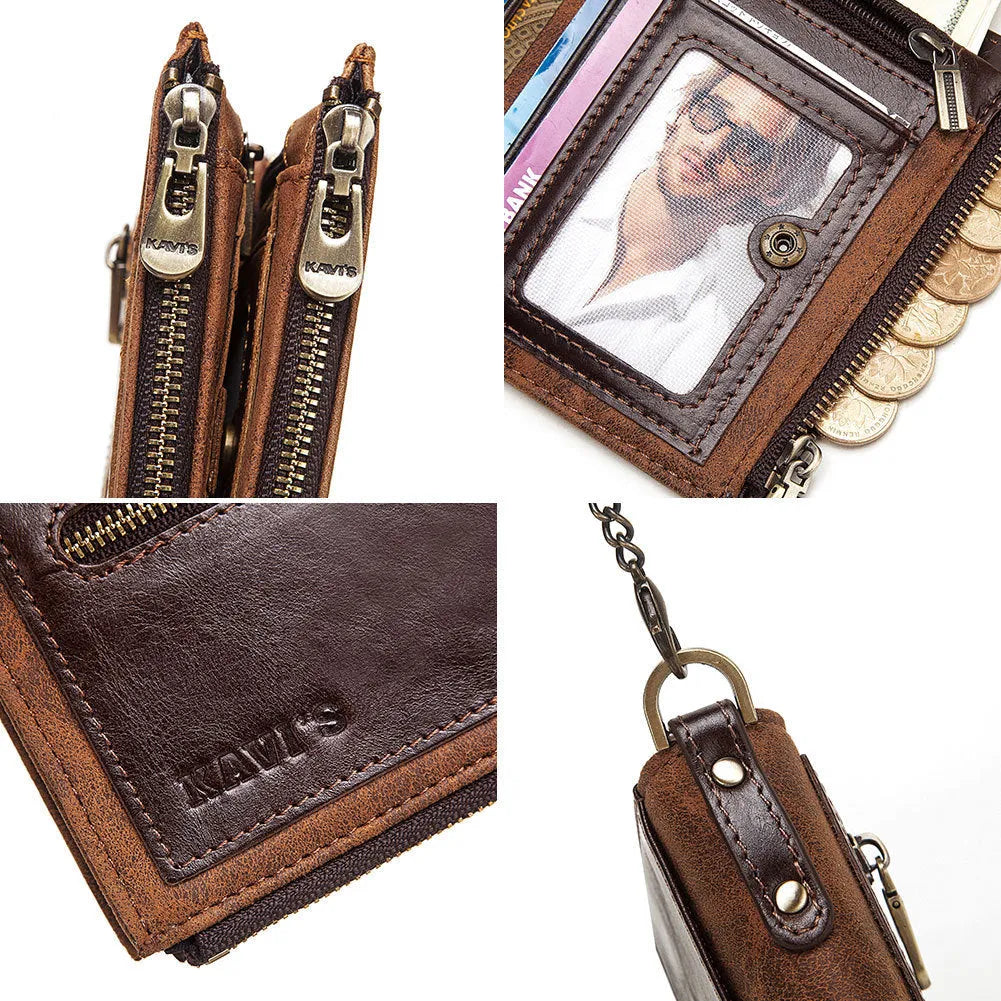Dark brown men's leather wallet with chain detail and RFID anti-theft protection