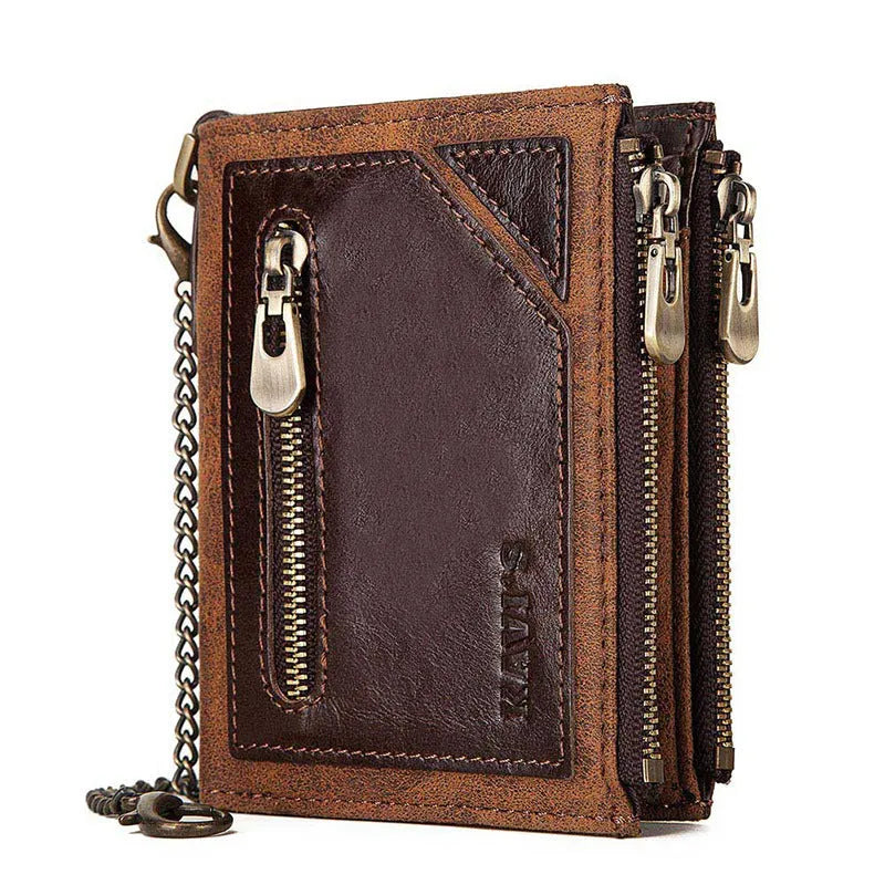 Dark brown men's leather wallet with chain detail and RFID anti-theft protection