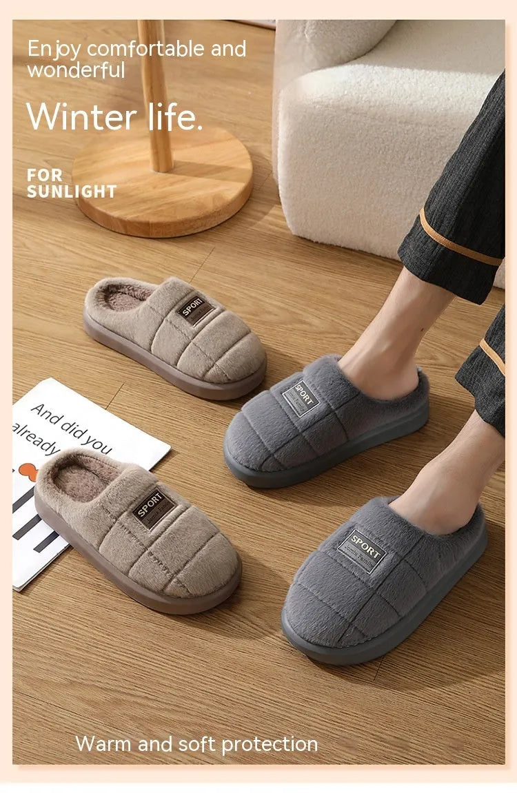 Men's plaid pattern winter slippers with brown cotton upper and EVA non-slip sole