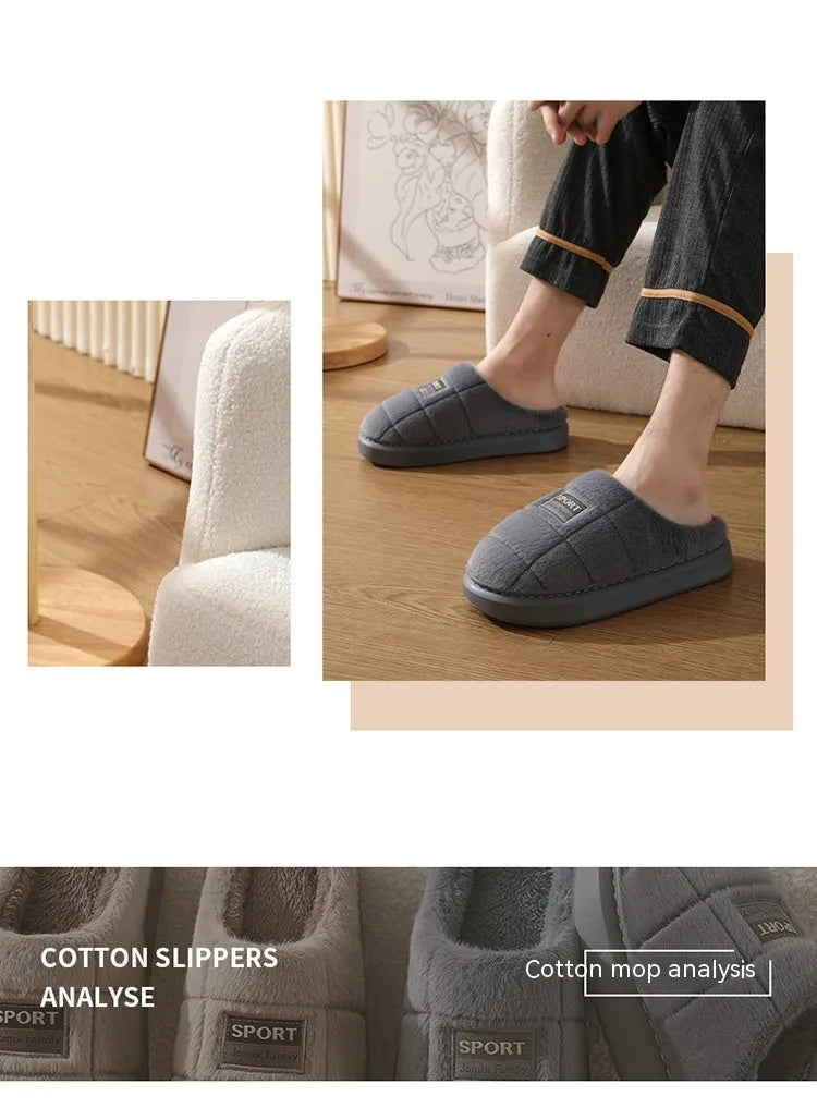 Men's plaid pattern winter slippers with brown cotton upper and EVA non-slip sole