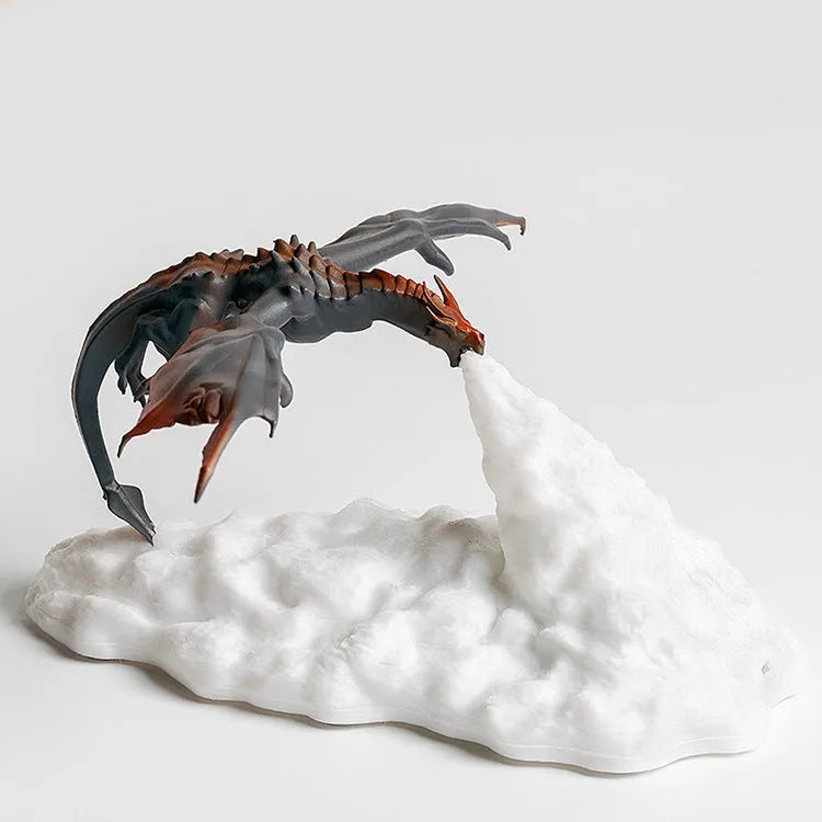3D printed dragon night light with warm red breathing light effect on dark background