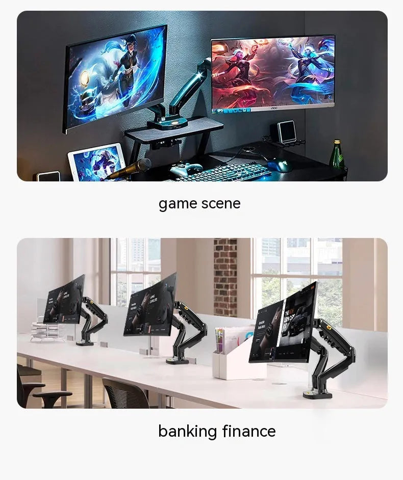 Dual screen lifting monitor bracket with aluminium and ABS construction for VESA 75-100mm mounts