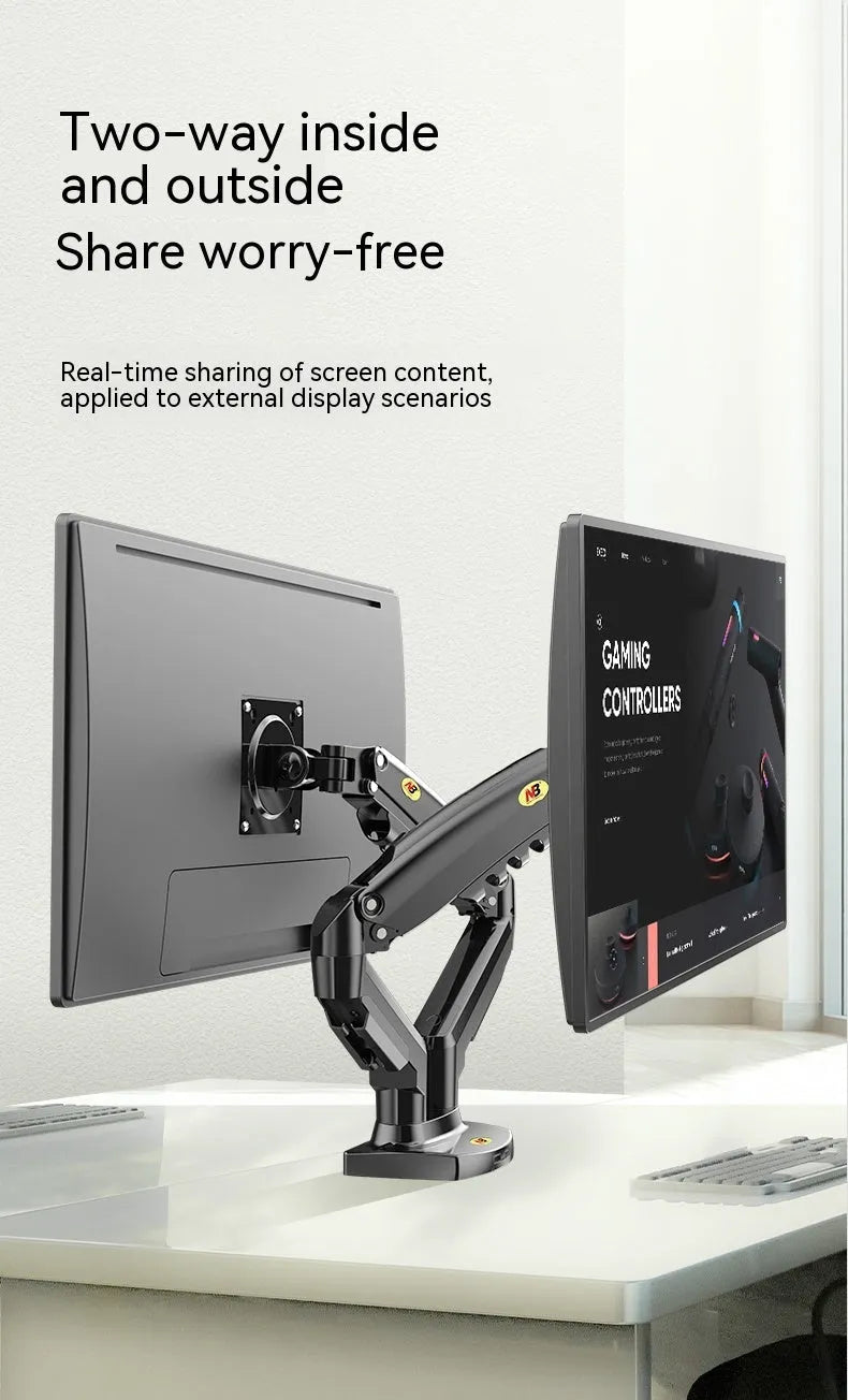 Dual screen lifting monitor bracket with aluminium and ABS construction for VESA 75-100mm mounts