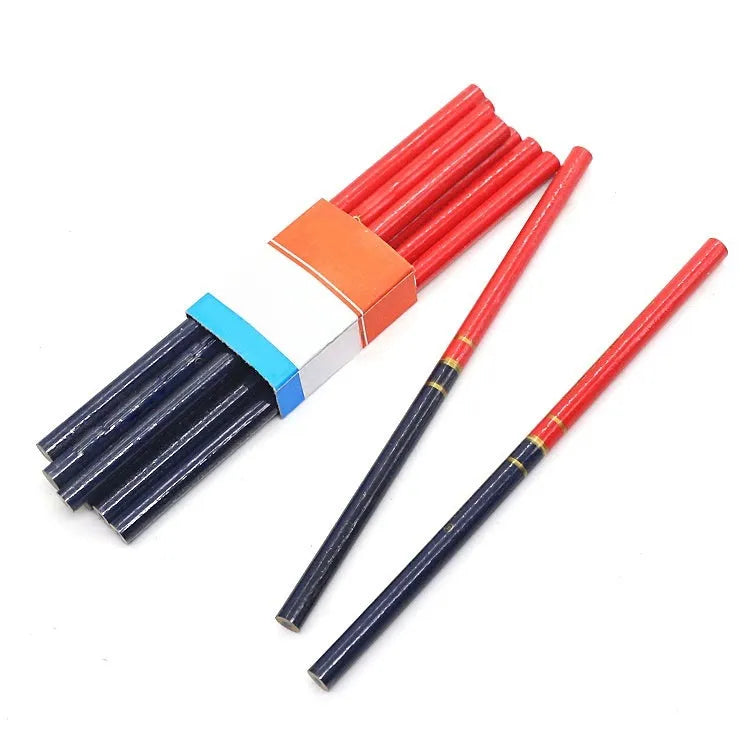 Ten red and blue two-colour round carpenter pencils for woodworking and construction marking