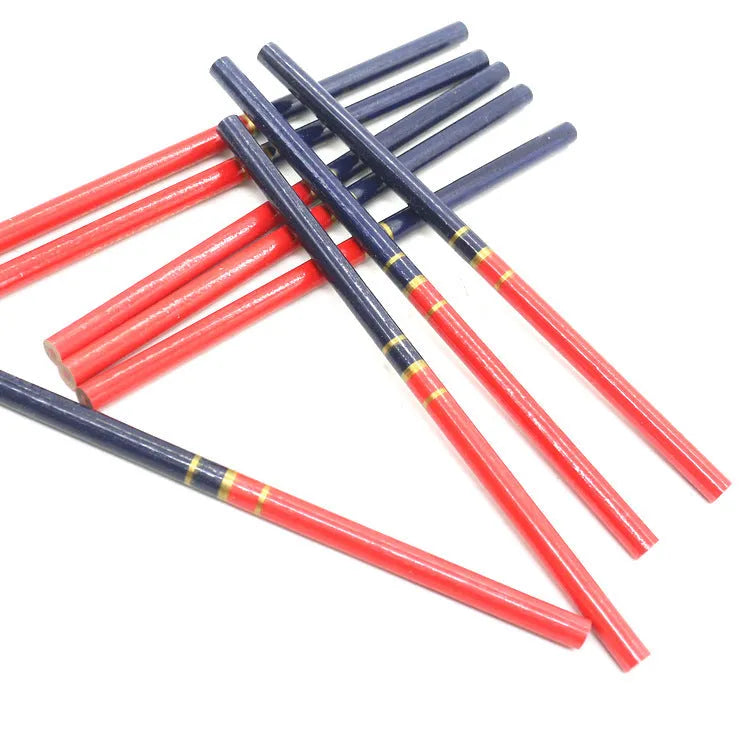 Ten red and blue two-colour round carpenter pencils for woodworking and construction marking
