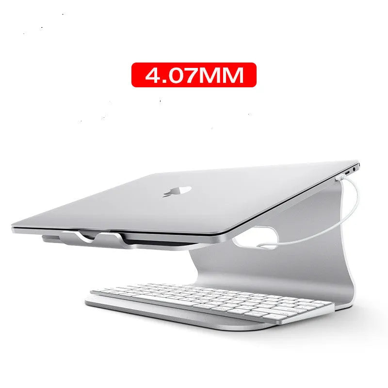 Aluminium notebook cooling bracket in silver with rotary hinge and textured stripes.