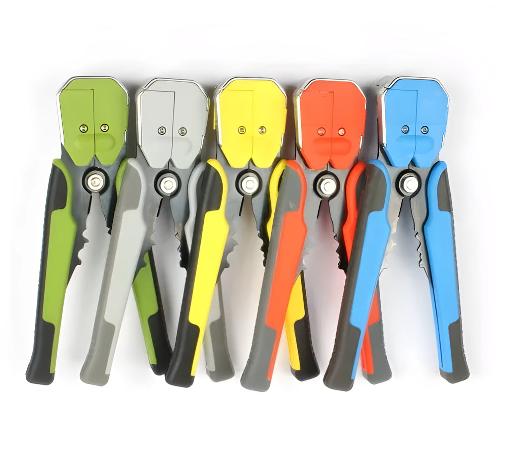 Yellow automatic 3-in-1 wire stripper and crimping pliers tool on a workbench