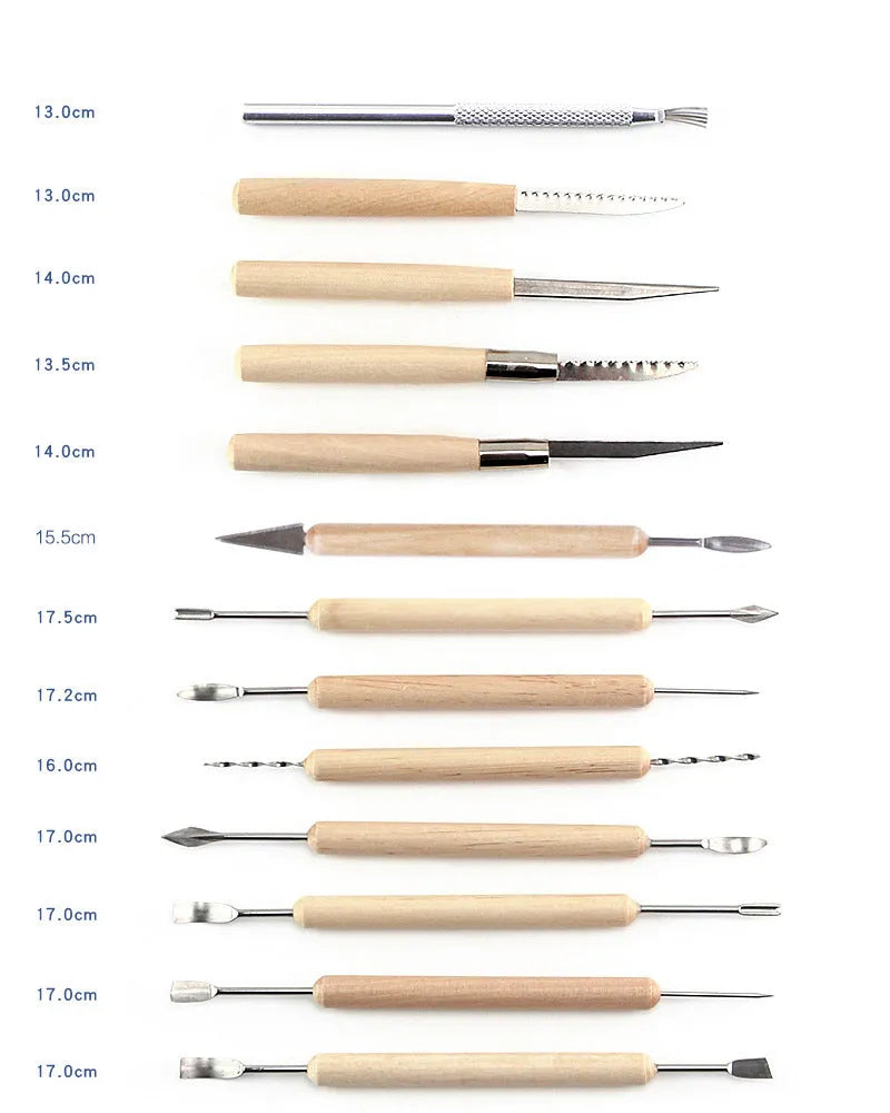 Brown 27-piece pottery tool set with stainless steel, wood, and plastic tools and a rolling tool, packed in an OPP bag.
