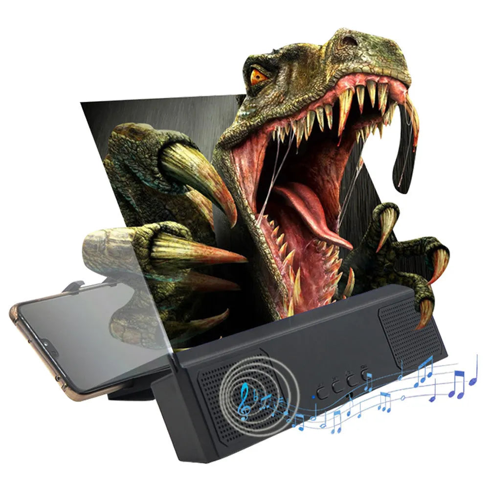 A white mobile phone screen amplifier unit with a large acrylic lens, showing a 12-inch display area and Bluetooth audio features.