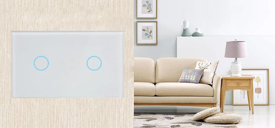 White 2-gang RF remote control wall switch with tempered glass touch panel and LED indicators