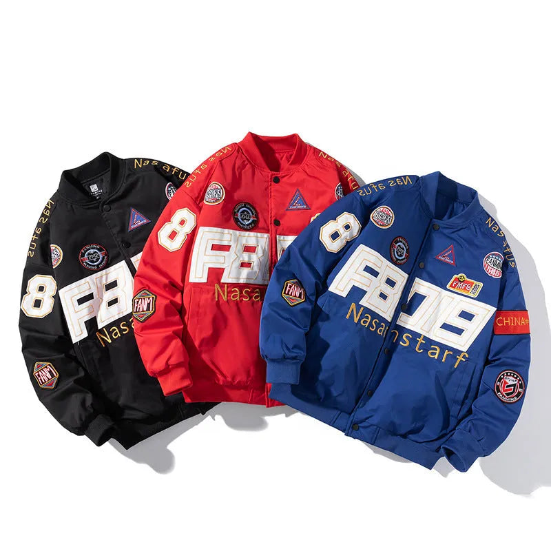 American motorcycle baseball jacket uniform in black, red, or blue with optional hood and cotton padding