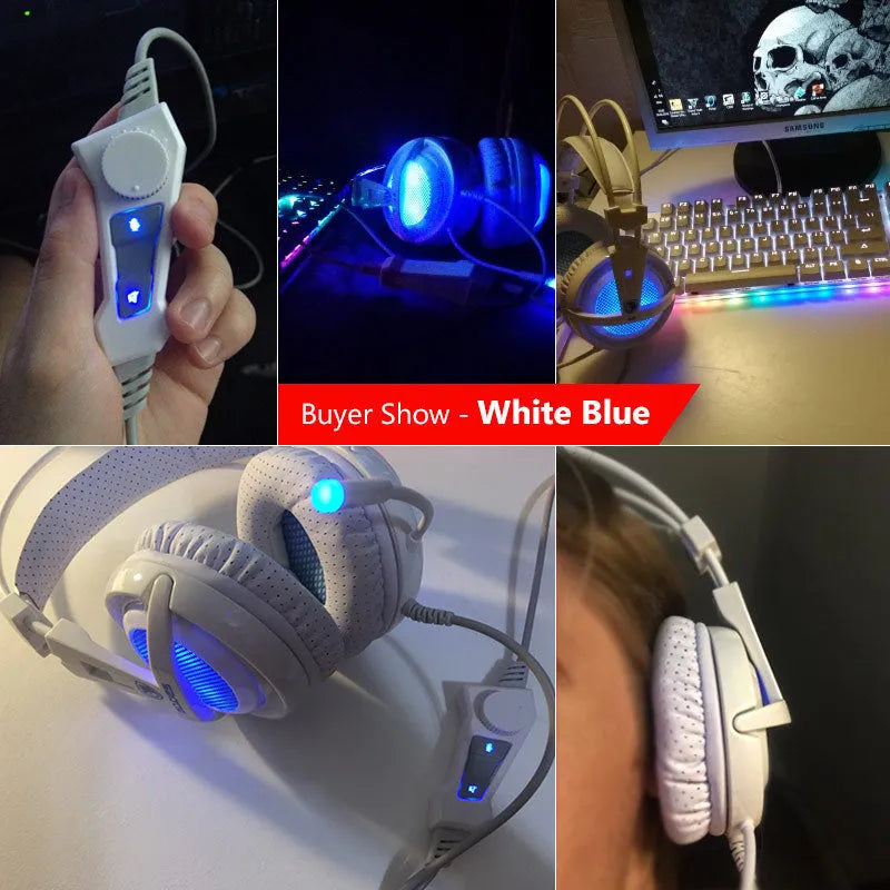 Black and white USB gaming headset with LED lights on ear cups, showing padded headband and ear cushions.