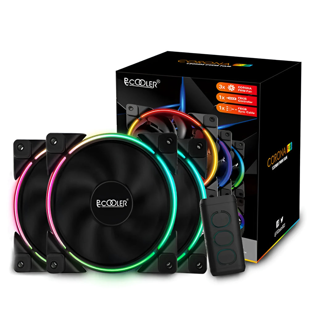 Three black 120mm computer case cooling fans with RGB lighting and hydraulic bearing system
