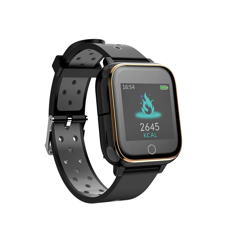 Black smartwatch bracelet with removable Bluetooth earbuds showing 1.4 inch screen displaying heart rate and time