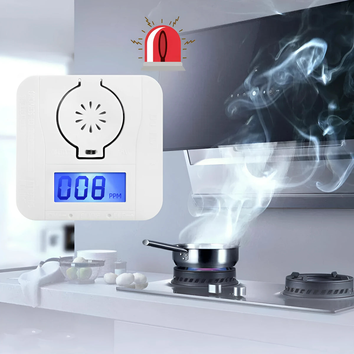 White wireless carbon monoxide alarm wall-mounted detector for kitchen and living room safety