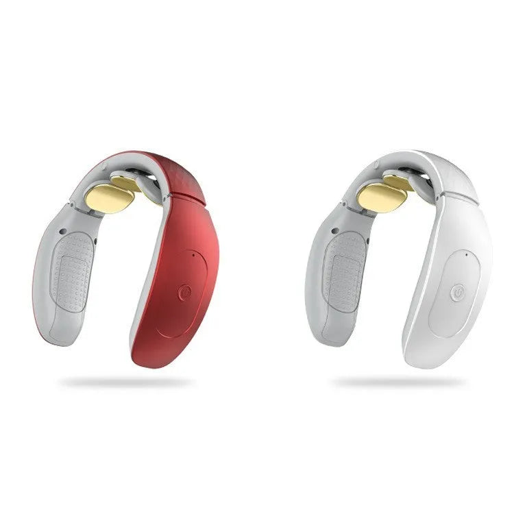 Red and white intelligent handheld cervical massager with control panel on a grey background.