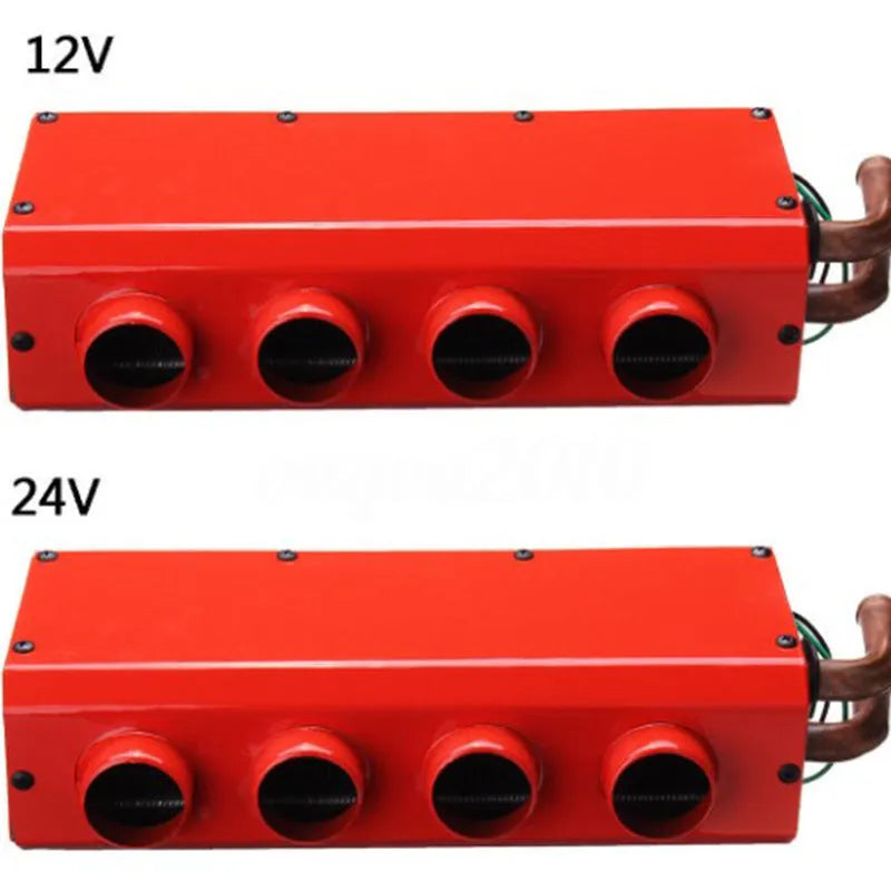 Metal car heater with small four-hole copper pipe connections for 12V and 24V vehicles
