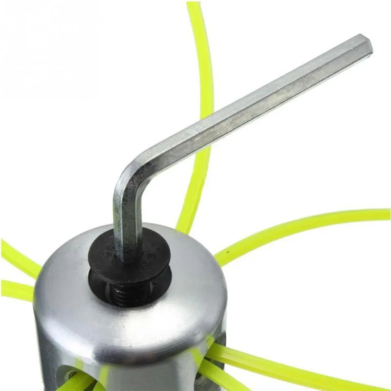 Silver aluminium lawn mower grass head replacement kit with four light yellow square strings and wrench