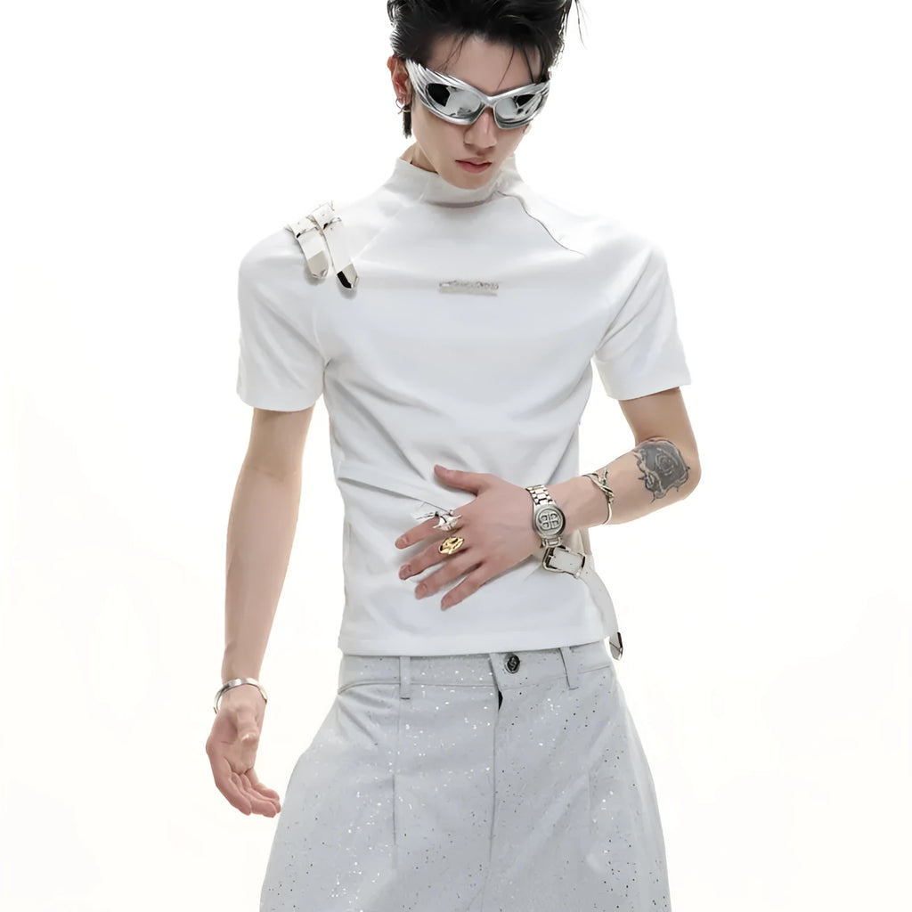 Men's slim fit black short sleeve T-shirt with a small stand-up collar and metal belt design detail.