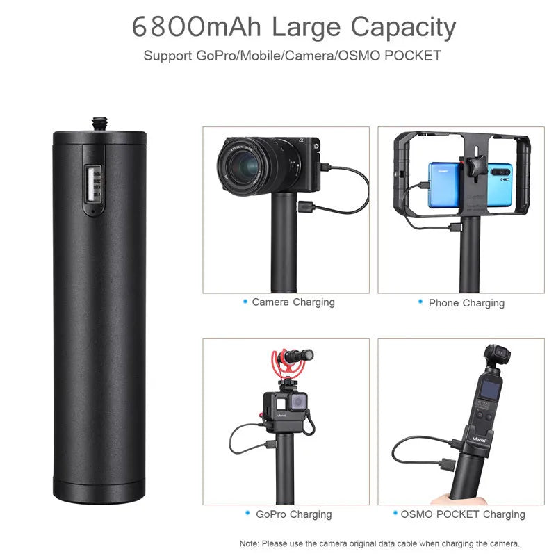 Black aluminium alloy portable power bank with handle showing 6800mAh capacity